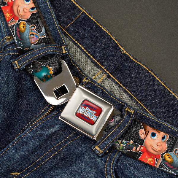 Buckle-Down The Adventures Of Jimmy Neutron Logo Full Color Red/Blues Seatbelt Belt - Jimmy Neutron Gadget Poses/Goddard Webbing