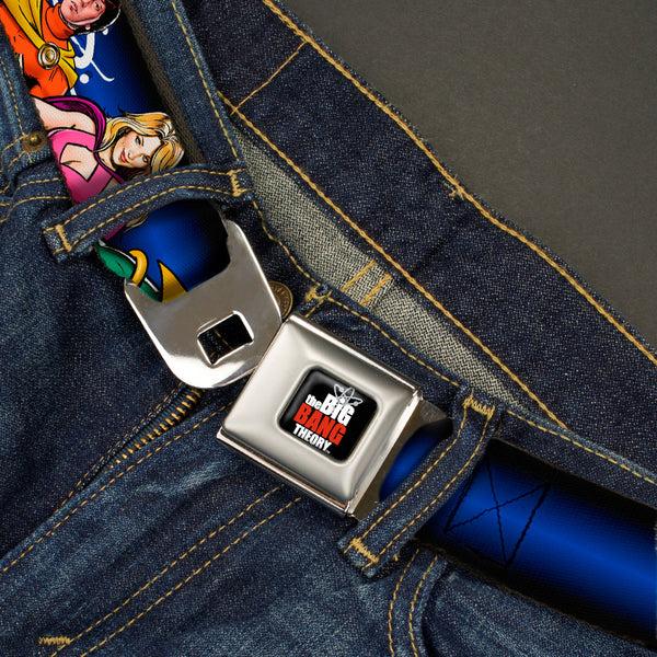 Buckle-Down THE BIG BANG THEORY Full Color Black White Red Seatbelt Belt - The Big Bang Theory Superhero Characters Group BAZINGA Black-Blue Fade Webbing