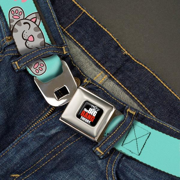Buckle-Down THE BIG BANG THEORY Full Color Black White Red Seatbelt Belt - Soft Kitty Poses Pale Turquoise/Pink Webbing