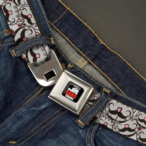 Buckle-Down THE BIG BANG THEORY Full Color Black White Red Seatbelt Belt - Soft Kitty Mustacho Stacked Webbing