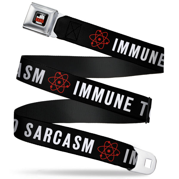 Buckle-Down THE BIG BANG THEORY Full Color Black White Red Seatbelt Belt - IMMUNE TO SARCASM/Atom Black/White/Red Webbing