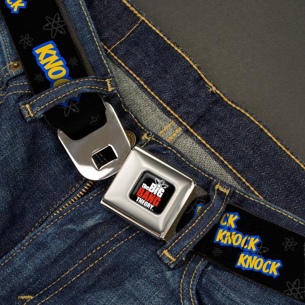 Buckle-Down THE BIG BANG THEORY Full Color Black White Red Seatbelt Belt - KNOCK KNOCK KNOCK/Atoms Black/Gray/Blue/Yellow Webbing