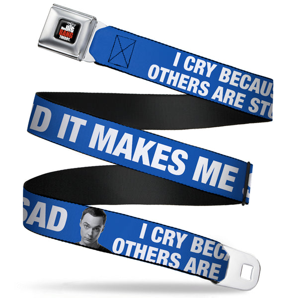 Buckle-Down THE BIG BANG THEORY Full Color Black White Red Seatbelt Belt - Sheldon I CRY BECAUSE OTHERS ARE STUPID/THAT MAKES ME SAD Blue/White Webbing