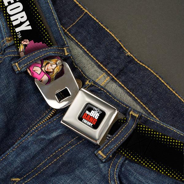 Buckle-Down THE BIG BANG THEORY Full Color Black White Red Seatbelt Belt - THE BIG BANG THEORY Superhero Character Poses Black Webbing