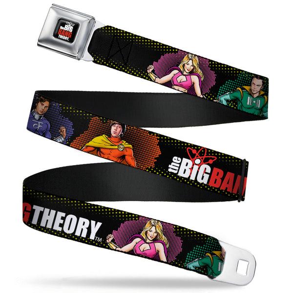Buckle-Down THE BIG BANG THEORY Full Color Black White Red Seatbelt Belt - THE BIG BANG THEORY Superhero Character Poses Black Webbing