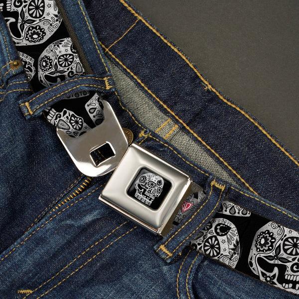 Buckle-Down The Dust Of Living II Skull Full Color Black/White Seatbelt Belt - The Dust Of Living II Sugar Skulls Black/White Webbing