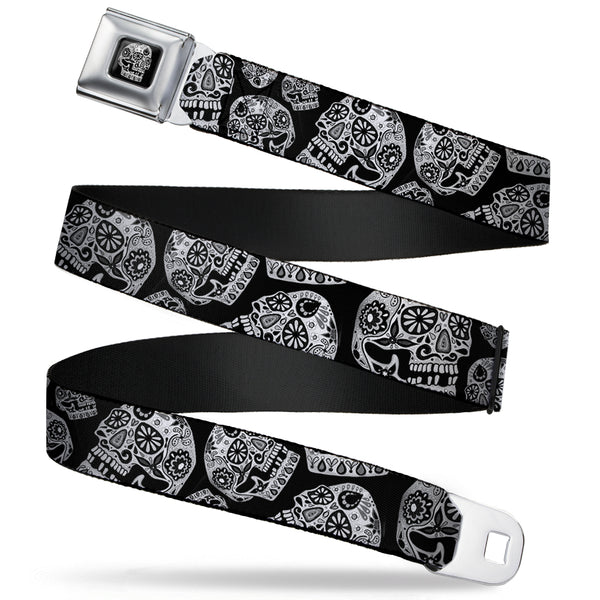 Buckle-Down The Dust of Living II Skull Full Color Black/White Seatbelt Belt - The Dust of Living II Sugar Skulls Black/White Webbing