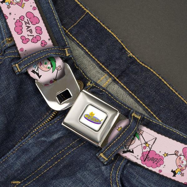Buckle-Down THE FAIRLY ODDPARENTS Logo Full Color White Seatbelt Belt - The Fairly OddParents Cosmo And Wanda Wish Poses Pink Webbing