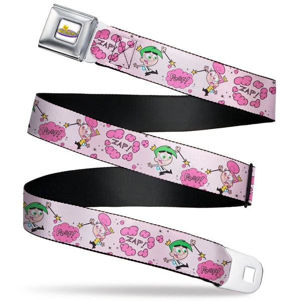 Buckle-Down THE FAIRLY ODDPARENTS Logo Full Color White Seatbelt Belt - The Fairly OddParents Cosmo and Wanda Wish Poses Pink Webbing