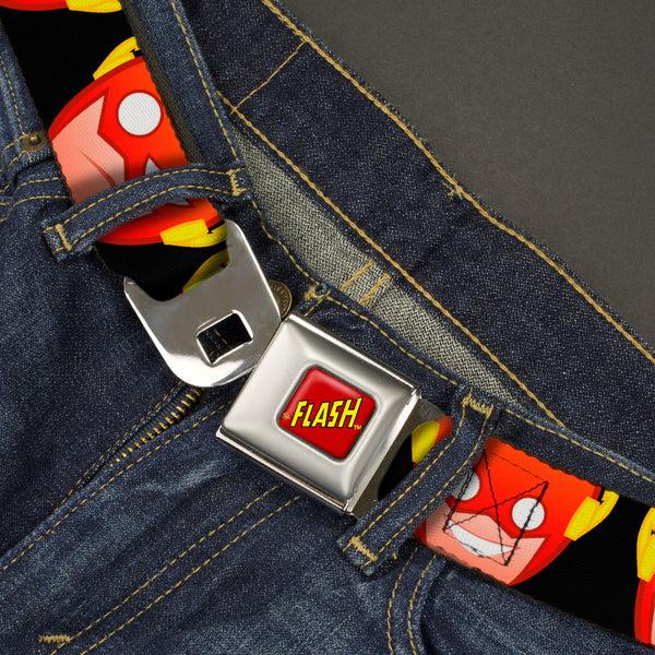 Buckle-Down THE FLASH Full Color Red/Black/Yellow Seatbelt Belt - The Flash 5-Emoji Expressions Black Webbing