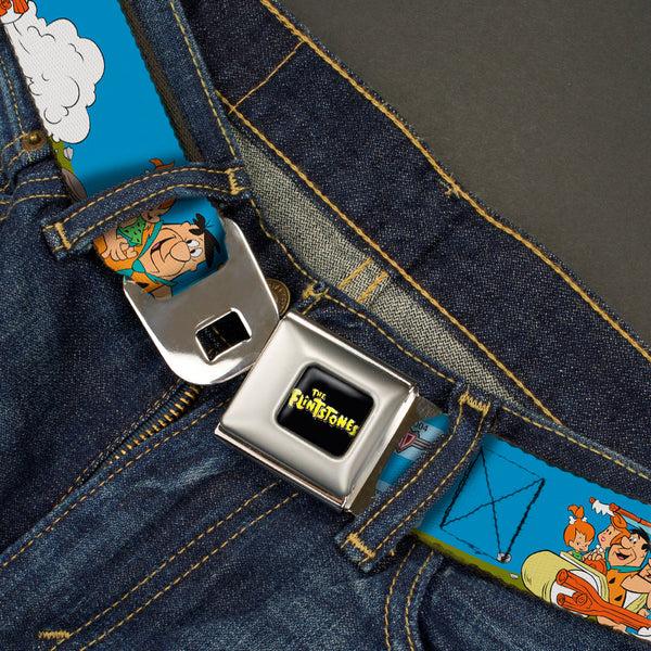 Buckle-Down THE FLINTSTONES Logo Full Color Black Yellow Seatbelt Belt - The Flintstones And Rubbles Group Pose/Logo Blue Webbing