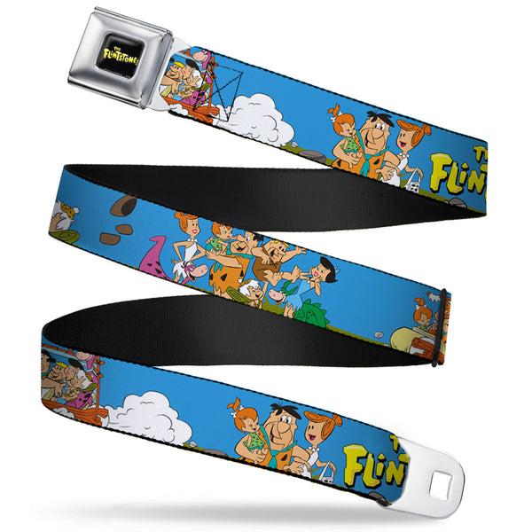 Buckle-Down THE FLINTSTONES Logo Full Color Black Yellow Seatbelt Belt - The Flintstones and Rubbles Group Pose/Logo Blue Webbing
