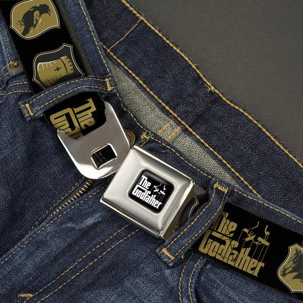 Buckle-Down THE GODFATHER Title Logo Full Color Black/White Seatbelt Belt - THE GODFATHER Title Logo And Crest Icons Black/Gold Webbing