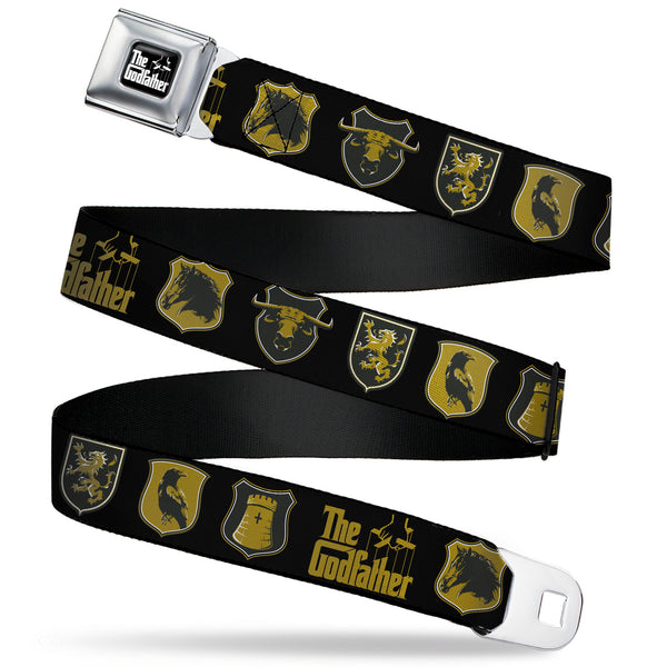 Buckle-Down THE GODFATHER Title Logo Full Color Black/White Seatbelt Belt - THE GODFATHER Title Logo and Crest Icons Black/Gold Webbing