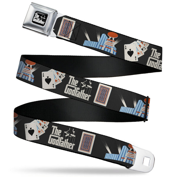 Buckle-Down THE GODFATHER Title Logo Full Color Black/White Seatbelt Belt - THE GODFATHER Title Logo and Casino Icons Black Webbing