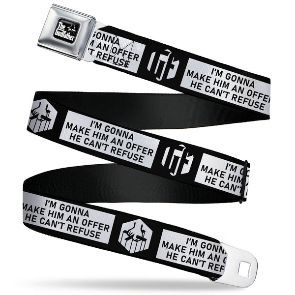 Buckle-Down THE GODFATHER Title Logo Full Color Black/White Seatbelt Belt - The Godfather Quote I'M GONNA MAKE HIM AN OFFER HE CAN'T REFUSE Black/White Webbing