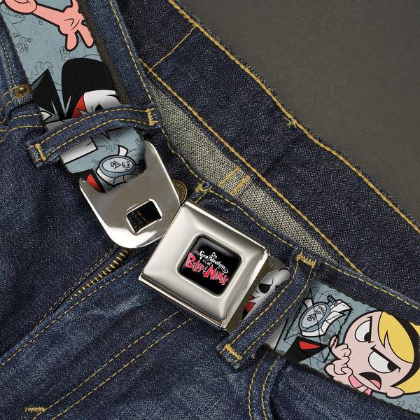 Buckle-Down THE GRIM ADVENTURES OF BILLY & MANDY Title Logo Full Color Black/White/Red Seatbelt Belt - The Grim Adventures Of Billy & Mandy Group Pose Gray Webbing