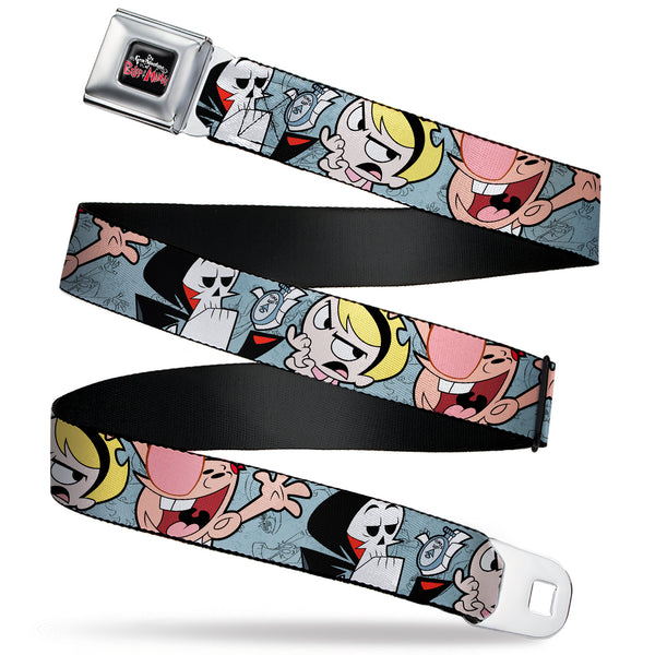 Buckle-Down THE GRIM ADVENTURES OF BILLY & MANDY Title Logo Full Color Black/White/Red Seatbelt Belt - The Grim Adventures of Billy & Mandy Group Pose Gray Webbing