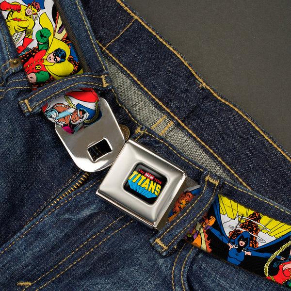 Buckle-Down THE NEW TEEN TITANS Logo Full Color Black Red Blue Yellow Seatbelt Belt - THE NEW TEEN TITANS Issue #1 Superhero Cover Poses White Webbing