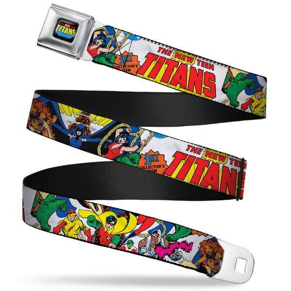 Buckle-Down THE NEW TEEN TITANS Logo Full Color Black Red Blue Yellow Seatbelt Belt - THE NEW TEEN TITANS Issue #1 Superhero Cover Poses White Webbing