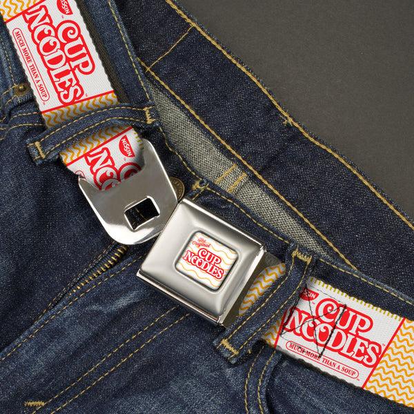 Buckle-Down THE ORIGINAL CUP NOODLES Logo/Noodle Wave Full Color White/Orange/Red Seatbelt Belt - Cup Noodles Cups Stacked Collage White/Gold/Red Webbing
