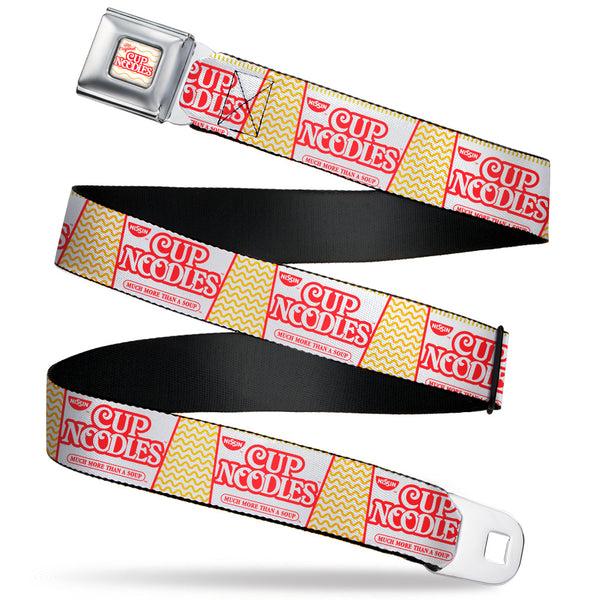 Buckle-Down THE ORIGINAL CUP NOODLES Logo/Noodle Wave Full Color White/Orange/Red Seatbelt Belt - Cup Noodles Cups Stacked Collage White/Gold/Red Webbing