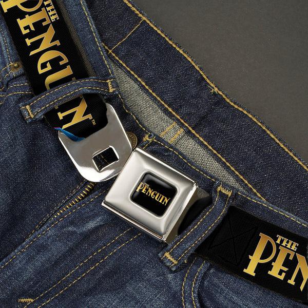 Buckle-Down THE PENGUIN Title Logo Full Color Black/Gold Seatbelt Belt - DC Batman Villain THE PENGUIN Poses And Title Logo Black/Gold/Blues Webbing
