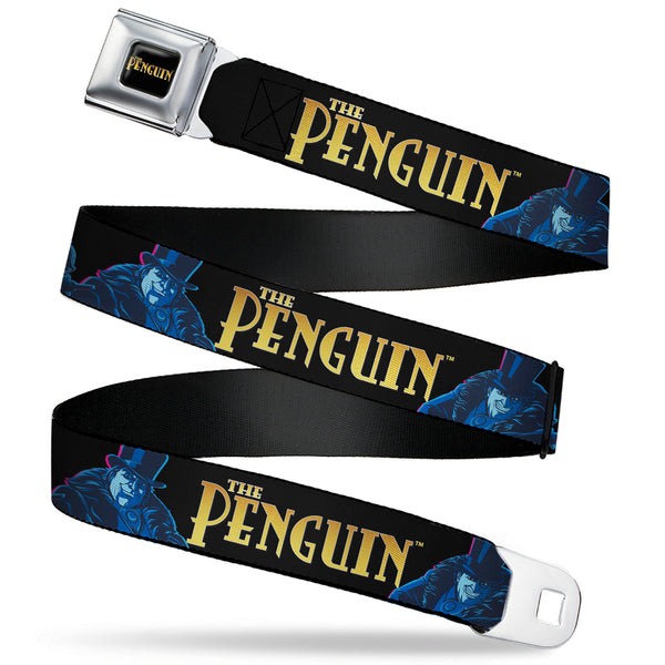 Buckle-Down THE PENGUIN Title Logo Full Color Black/Gold Seatbelt Belt - DC Batman Villain THE PENGUIN Poses and Title Logo Black/Gold/Blues Webbing