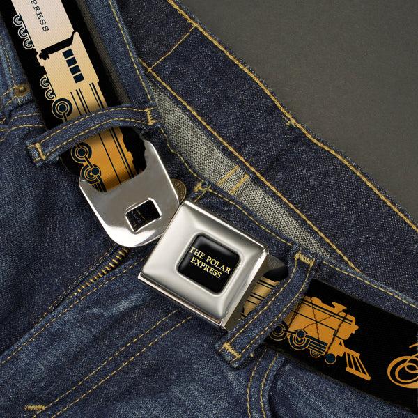 Buckle-Down THE POLAR EXPRESS Text Logo Full Color Black/Golds Seatbelt Belt - POLAR EXPRESS Train Cars Black/Golds Webbing