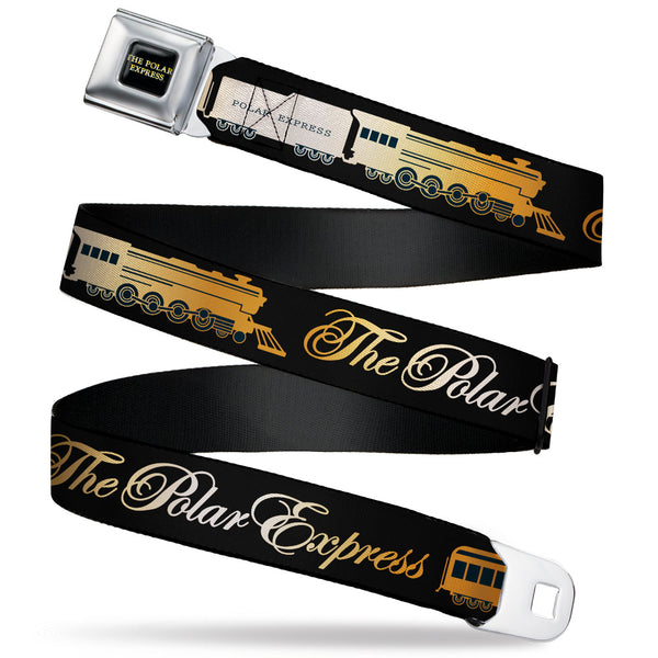 Buckle-Down THE POLAR EXPRESS Text Logo Full Color Black/Golds Seatbelt Belt - POLAR EXPRESS Train Cars Black/Golds Webbing