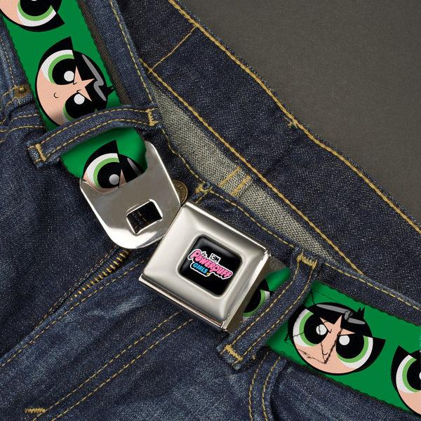 Buckle-Down THE POWERPUFF GIRLS Animated Series Title Logo Full Color Black Seatbelt Belt - The Powerpuff Girls Buttercup Face Close-Up Green Webbing