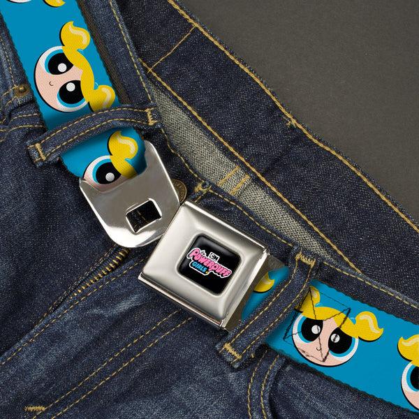 Buckle-Down THE POWERPUFF GIRLS Animated Series Title Logo Full Color Black Seatbelt Belt - The Powerpuff Girls Bubbles Face Close-Up Blue Webbing