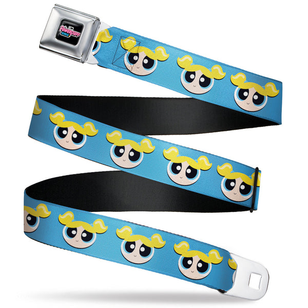 Buckle-Down THE POWERPUFF GIRLS Animated Series Title Logo Full Color Black Seatbelt Belt - The Powerpuff Girls Bubbles Face Close-Up Blue Webbing