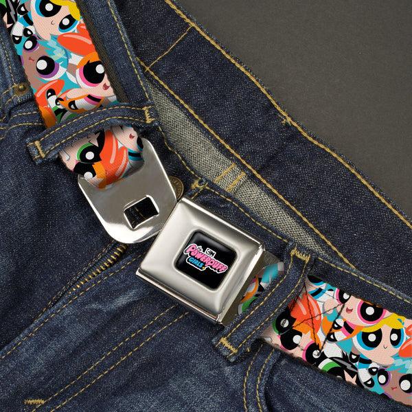 Buckle-Down THE POWERPUFF GIRLS Animated Series Title Logo Full Color Black Seatbelt Belt - The Powerpuff Girls Expressions Stacked Webbing