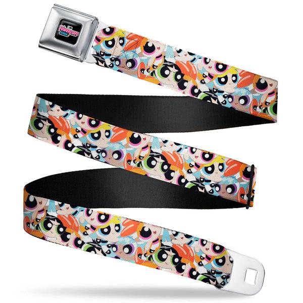 Buckle-Down THE POWERPUFF GIRLS Animated Series Title Logo Full Color Black Seatbelt Belt - The Powerpuff Girls Expressions Stacked Webbing
