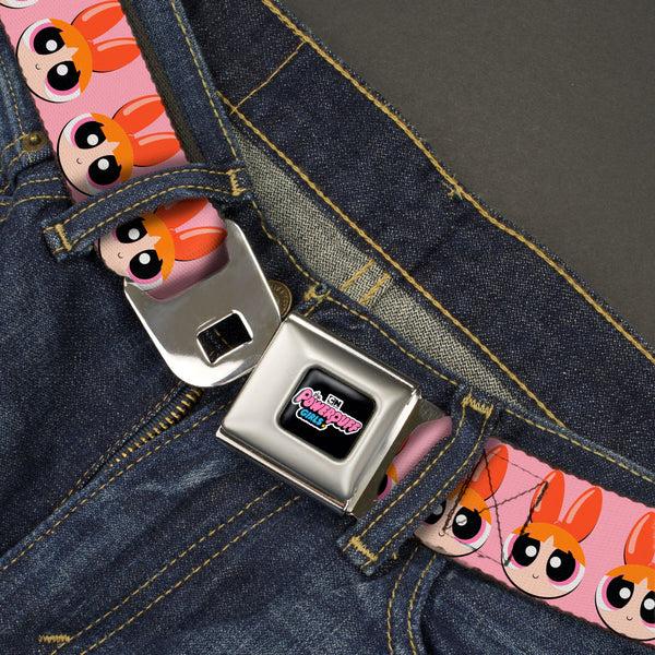 Buckle-Down THE POWERPUFF GIRLS Animated Series Title Logo Full Color Black Seatbelt Belt - The Powerpuff Girls Blossom Face Close-Up Pink Webbing