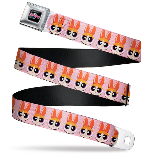 Buckle-Down THE POWERPUFF GIRLS Animated Series Title Logo Full Color Black Seatbelt Belt - The Powerpuff Girls Blossom Face Close-Up Pink Webbing