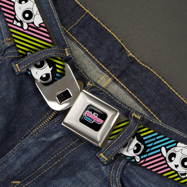 Buckle-Down THE POWERPUFF GIRLS Animated Series Title Logo Full Color Black Seatbelt Belt - The Powerpuff Girls And Donny Stripe Black/Multi Pastel Webbing