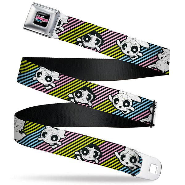 Buckle-Down THE POWERPUFF GIRLS Animated Series Title Logo Full Color Black Seatbelt Belt - The Powerpuff Girls and Donny Stripe Black/Multi Pastel Webbing