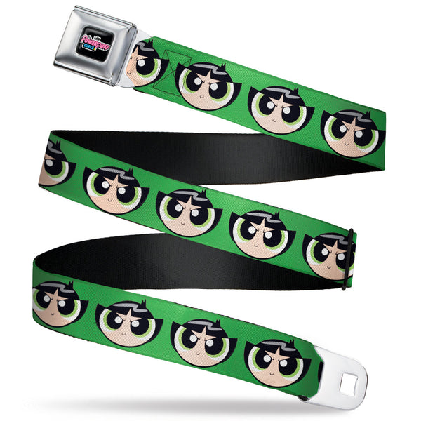 Buckle-Down THE POWERPUFF GIRLS Animated Series Title Logo Full Color Black Seatbelt Belt - The Powerpuff Girls Buttercup Face Close-Up Green Webbing