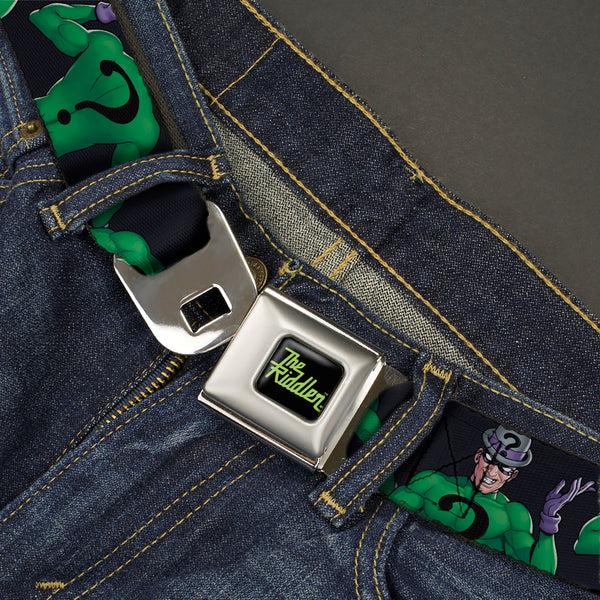 Buckle-Down THE RIDDLER Title Log Full Color Black/Green Seatbelt Belt - DC Batman Villain The Riddler Pose Turns Black Webbing