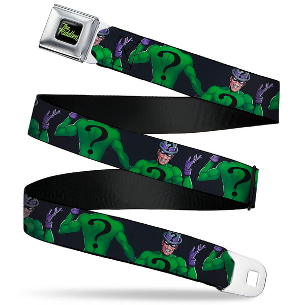 Buckle-Down THE RIDDLER Title Log Full Color Black/Green Seatbelt Belt - DC Batman Villain The Riddler Pose Turns Black Webbing