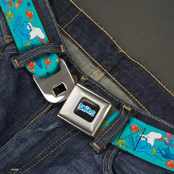 Buckle-Down THE SMURFS Title Logo Full Color Black White Blue Seatbelt Belt - The Smurfs Swimming With Fish Blue/Multi Color Webbing