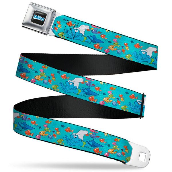 Buckle-Down THE SMURFS Title Logo Full Color Black White Blue Seatbelt Belt - The Smurfs Swimming with Fish Blue/Multi Color Webbing
