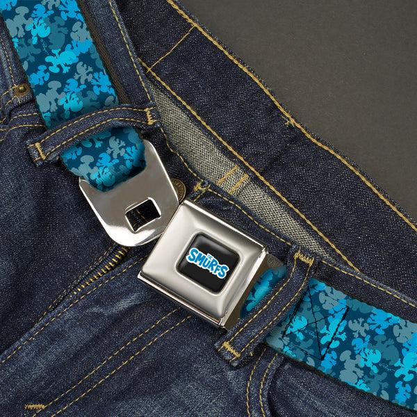 Buckle-Down THE SMURFS Title Logo Full Color Black White Blue Seatbelt Belt - The Smurfs Silhouette Poses Stacked Blues Webbing