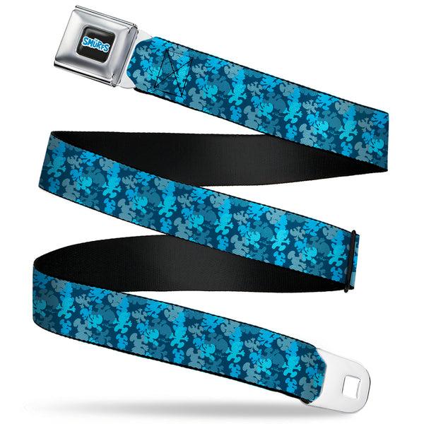 Buckle-Down THE SMURFS Title Logo Full Color Black White Blue Seatbelt Belt - The Smurfs Silhouette Poses Stacked Blues Webbing