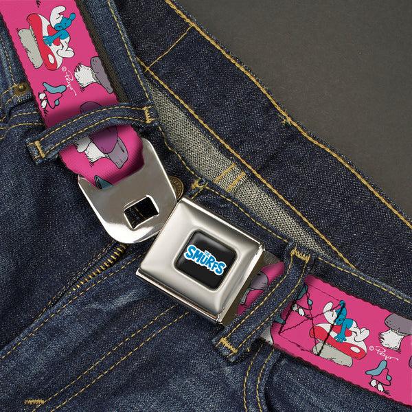 Buckle-Down THE SMURFS Title Logo Full Color Black White Blue Seatbelt Belt - The Smurfs Like A Mushroom Pose Pink Webbing