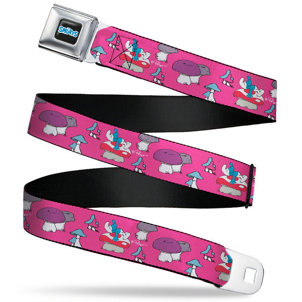 Buckle-Down THE SMURFS Title Logo Full Color Black White Blue Seatbelt Belt - The Smurfs Like a Mushroom Pose Pink Webbing