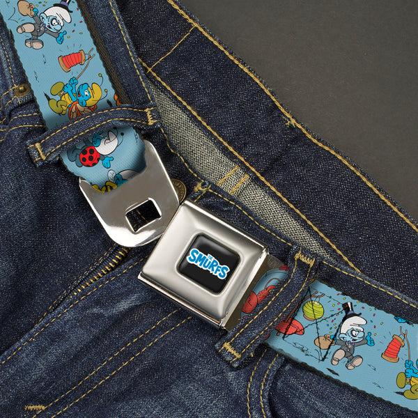 Buckle-Down THE SMURFS Title Logo Full Color Black White Blue Seatbelt Belt - The Smurfs Halloween Dress Up Cosplay Poses Blue Webbing