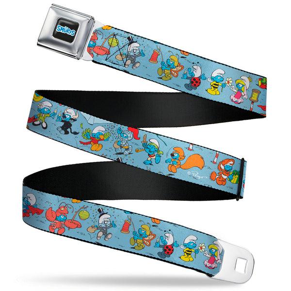Buckle-Down THE SMURFS Title Logo Full Color Black White Blue Seatbelt Belt - The Smurfs Halloween Dress Up Cosplay Poses Blue Webbing